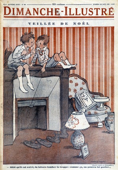 Kinder sitzen auf dem Schornstein und stellen dem Weihnachtsmann eine Falle, für die Weihnachtszeitung 1930 "Le Dimanche illustré" (Gravur) von French School