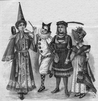 Kinderkleidung: Hexenkostüme, Clown, Page und „Empire“. Gravur in „La gazette du dimanche“ vom 23. Januar 1896 von French School