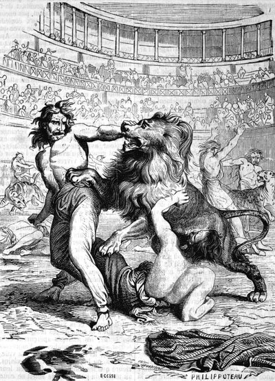 Christen, die wilden Tieren im Amphitheater von Lyon ausgesetzt sind - in „Histoire de France“ von L.-P. Anquetil von French School
