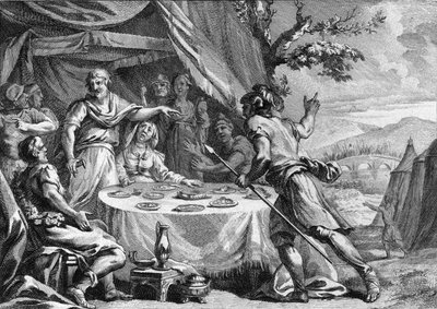 Chlodion der Langhaarige (ca. 400-448), Anführer der salischen Franken, erfährt von dem Überraschungsangriff der Truppen von General Aetius, Präfekt der Gallier, im Jahr 432. Gravur des 18. Jahrhunderts. von French School