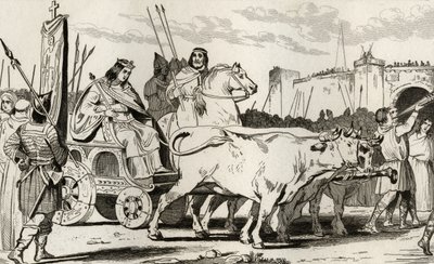 Clovis III (682-95) in einem von Ochsen gezogenen Wagen, mit Pepin II von Herstal (ca. 714) an seiner Seite, aus 