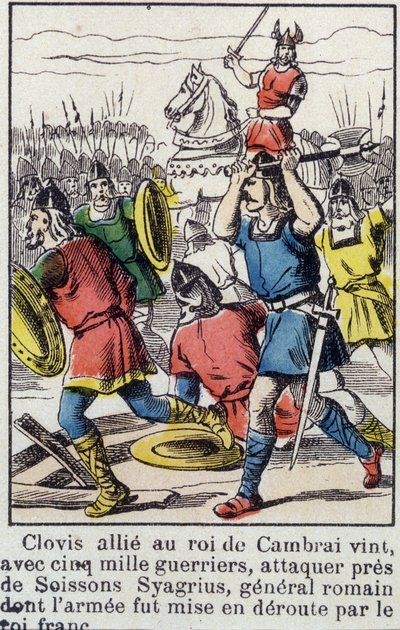 Clovis, verbündet mit dem König von Cambrai, kam mit 5000 Kriegern, um in der Nähe von Soissons Syagrius, den römischen General, anzugreifen, dessen Armee vom fränkischen König besiegt wurde. von French School