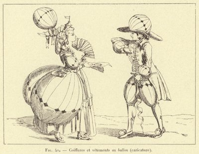 Frisuren und Kleidung im Ballon (Karikatur) (Gravur) von French School