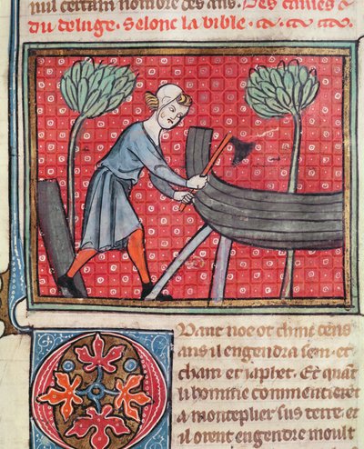 Bau eines Bootes, aus der Bible Historiale von Guiart des Moulins von French School
