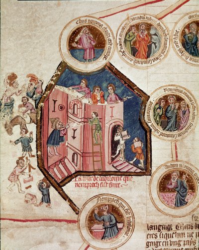 Baustelle des Turms von Babel in Babylon. Seite aus dem Manuskript Genealogie der Bibel der französischen Schule. 14. Jahrhundert. Cremona, Biblioteca Governativa von French School