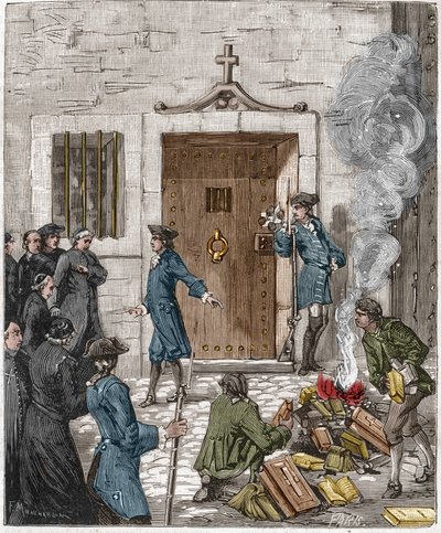 Verurteilung der Societe des Jesuites nach der Entscheidung des Parlements von Paris vom 6. August 1762. Das Gericht ordnete an, dass mehr als 24 Bücher und Schriften der Jesuiten vom Henker verbrannt werden. Gravur des 19. Jahrhunderts. von French School