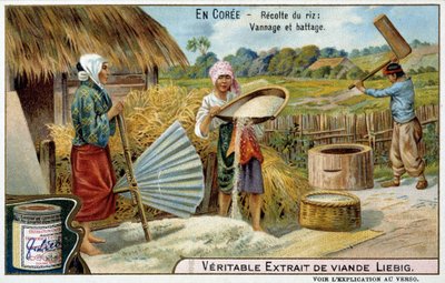 Korea: Reisernte, Weben und Dreschen - Chromolithografie Liébig, ca. 1900 von French School