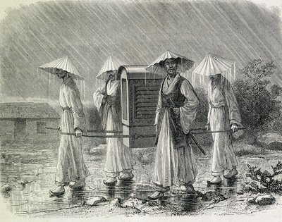 Koreaner in einem Palankin (Regenanzug der Koreaner) tragen einen Stuhl. Illustration aus „Eine Expedition in Korea“ von Herrn H. Zuber, ehemaliger Marineoffizier (1866) - in „Tour du Monde“. von French School