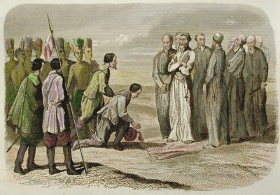 Cortes zu Füßen von Martin de Valencia von French School