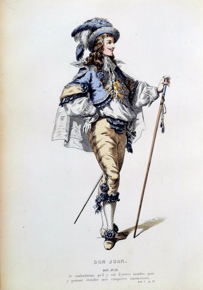 Kostüm für die Figur des Don Juan in Szene 2 des ersten Aktes des gleichnamigen Stücks von Molière. Gravur des 19. Jahrhunderts von French School