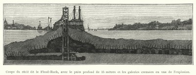 Schnitt des Riffs namens Flood-Rock, mit dem 15 Meter tiefen Schacht und den für die Explosion gegrabenen Galerien von French School