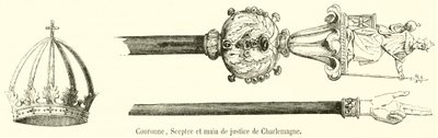 Krone, Zepter und Hand der Gerechtigkeit von Karl dem Großen (Gravur) von French School