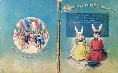 Titelillustration & Rückseite eines französischen Schulbuchs über das Schreiben, veröffentlicht von Hachette in Paris, 1905 von French School