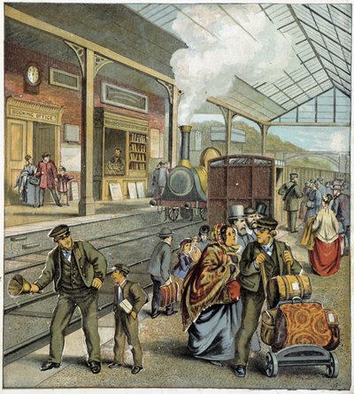 Menschenmenge am Kai eines Bahnhofs in England von French School
