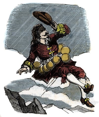 Cyrano de Bergerac steigt dank Fläschchen mit Tau in den Himmel und reist zum Mond, Illustration des Romans von Hercules Savinien Cyrano de Bergerac (1619-1655): „Die andere Welt“ von French School