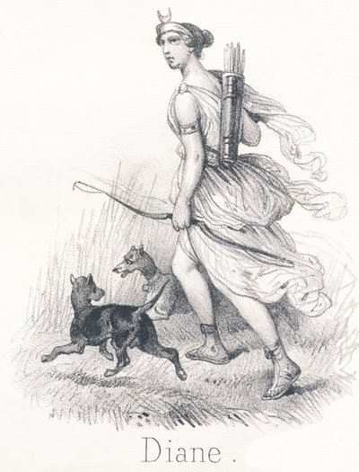 D Diana: Zwillingsschwester von Apollo. Im Himmel war sie Phebe oder Mond, beauftragt, die Erde zu erleuchten. In der Hölle war sie Hekate und präsidierte über die Urteile der Seelen. Auf der Erde war sie Diana, Göttin der Jagd von French School