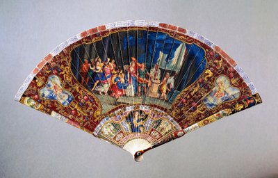 Beschädigter Handfächer im Vernis-Martin-Stil, der die Hochzeit des Adels darstellt, Schwanenleder mit bemaltem Elfenbeingriff, Höhe 20,5 cm von French School