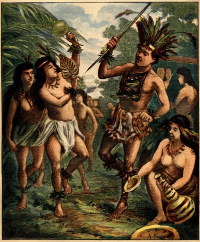 Tanz der Roucouyan-Indianer in der Karibik. Gravur in „La Terre Illustree“ Nr. 77 vom 21. April 1892. von French School