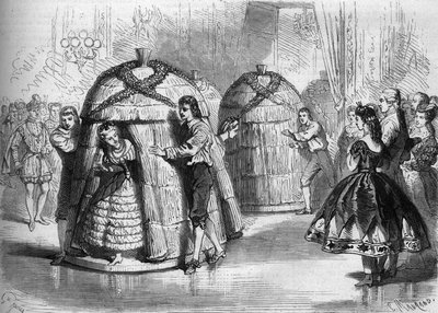 Tanzvorführung beim Kostümball der Kaiserin Eugenie de Montijo: „Die Ankunft der Bienenstöcke“. Vier Bienentänzerinnen kommen aus den Bienenstöcken. Gravur in „Le Monde Illustré“ Nr. 305 vom 14. Februar 1863 von French School