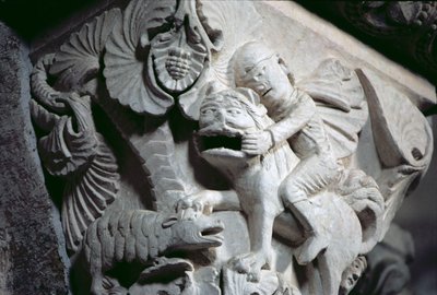David erschlägt den Löwen (Detail eines Kapitells) um 1130 von French School