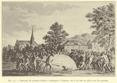 Landung des ersten Wasserstoffballons in Gonesse, wo er von Bauern zerstört wird (Gravur) von French School