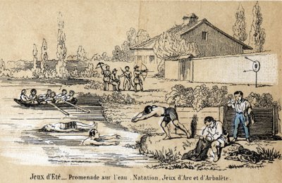 Beschreibung der Freizeitaktivitäten und Spiele von Kindern: Spiele im Freien im Sommer und Wasserspiele, Schwimmen, Planschen, Bogenschießen und Armbrust. Tafel „les jeux de l