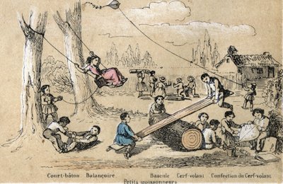 Beschreibung der Freizeitaktivitäten und Spiele von Kindern: Outdoor-Spiele, kurzer Stock, Schaukel, Wippen und Drachensteigen. Tafel „Die Spiele der Kindheit“ in „Les Recreations instructives“, Synoptisches Gemälde von Jules Delbruck von French School
