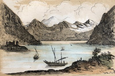 Beschreibung der verschiedenen Landschafts- und Reliefarten nach Geographie: Detail des Genfersees. Tafel „Physische Geographie“ in „Les Recreations instructives“. Synoptisches Gemälde von Jules Delbruck, Gravur von 1860. von French School