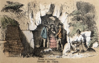 Beschreibung der verschiedenen Landschafts- und Reliefarten nach Geographie: Detail der Besucher in der Hundehöhle. Tafel „Physische Geographie“ in „Les Recreations instructives“. Synoptisches Gemälde von Jules Delbruck, Gravur von 1860. von French School