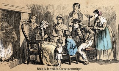 Beschreibung der fünf Sinne: Detail des Hörens, Erzählungen während der Nacht in den Hütten, ein alter Mann benutzt einen Hörkegel. (Les cinq sens) von French School