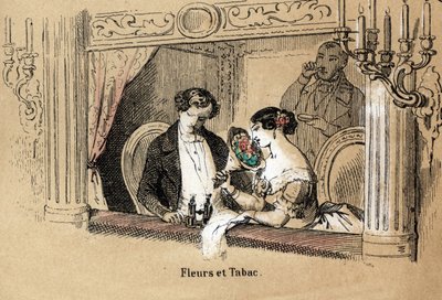Beschreibung der fünf Sinne: Geruch, Zuschauer in einer Opernloge, umgeben vom Duft von Blumen und Tabak. Tafel „Die fünf Sinne“ in „les Recreations instructives“ Synoptisches Gemälde von Jules Delbruck, Gravur von 1860. Private Sammlung von French School