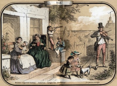 Beschreibung der fünf Sinne: Das Sehen, von links nach rechts, ein Säugling, der seine Augen zu seiner Mutter öffnet, eine alte Frau, die mit einer Brille liest, ein kleiner Junge, der mit einem Fernrohr spielt, das es ermöglicht, aus großer Entfernung zu  von French School