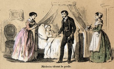 Beschreibung der fünf Sinne: Tastsinn, ein Arzt tastet den Puls eines kranken Mädchens. Tafel „Die fünf Sinne“ in „les Recreations instructives“ Synoptisches Gemälde von Jules Delbruck, Gravur von 1860. Private Sammlung von French School