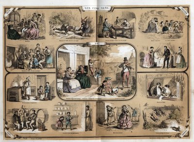 Beschreibung der fünf Sinne: Ansicht, von links nach rechts und von oben nach unten, Hören, Tasten, Riechen und Schmecken. Tafel „Die fünf Sinne“ in „les Recreations instructives“ Synoptisches Gemälde von Jules Delbruck, Gravur von 1860. Private Sammlung von French School