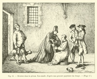 Desrues im Gefängnis, Faksimile, nach einem populären Stich der Zeit von French School