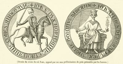 Zeichnung des Siegels von König Johann, angebracht an die Friedensvorverhandlungen der Barone von French School