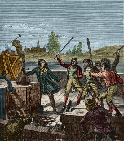 Zerstörung von Papins Dampfschiff - Denis Papin (1647-1712) beobachtet, wie sein Raddampfer 1707 von den Bootsmännern von Münden zerstört wird - Les Bateliers de Munden zerstören das Dampfschiff von Denis Papin (1647-1712) - Gravur in „Wissenschaften für a von French School
