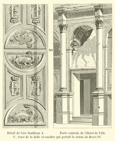 Detail des doppelten Bogens A, Zentrale Tür des Hotel de Ville, C, Spur der Marmorplatte, die die Statue von Heinrich IV trug von French School
