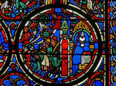 Detail eines Fensters, das die Passion darstellt: Christus wird bei seinem Einzug in Jerusalem begrüßt von French School