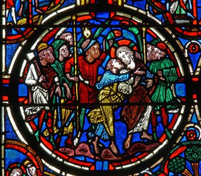 Detail eines Fensters, das die Passion darstellt: Judas