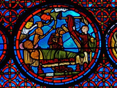 Detail eines Fensters, das das Gleichnis von Lazarus und Dives darstellt (Detail) von French School