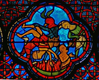 Detail eines Fensters, das das Gleichnis von Lazarus und Dives darstellt: der reiche Mann in der Hölle (Detail) von French School