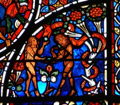 Detail eines Fensters, das das Gleichnis vom barmherzigen Samariter darstellt: Adam und Eva werden von der Schlange versucht (Detail) von French School