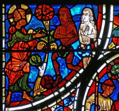 Detail eines Fensters, das das Gleichnis vom barmherzigen Samariter darstellt: Gott konfrontiert Adam und Eva (Detail) von French School