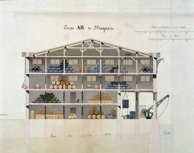 Detail von 22409: Stadt Marseille: Dock de la Tourelle - Detail eines der Lagerhäuser: Schnitt AB des Magazins von French School