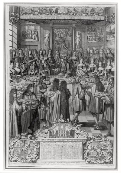 Abendessen von Ludwig XIV. (1638-1715) im Hotel de Ville, 30. Januar 1687, aus dem Kalender des Jahres 1688 von French School