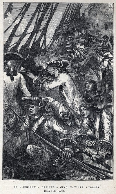 Entdeckung Kanadas: Jacques Pierre de Taffanel de la Jonquiere (1685-1752), französischer Marineoffizier an der Spitze des französischen Schiffes „Le serieux“ widerstand fünf englischen Schiffen. Zeichnung von Sahib. Gravur aus dem späten 19. Jahrhundert i von French School