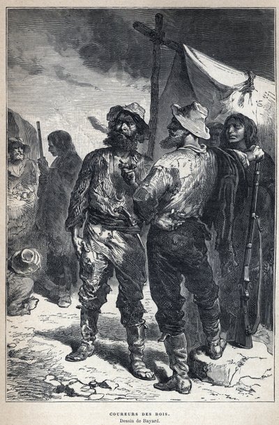 Entdeckung Kanadas: Coureur des Bois (beteiligt am Pelzhandel mit den Ureinwohnern). Zeichnung von Bayard. Gravur aus dem späten 19. Jahrhundert in La Nouvelle France von Eugene Guenin von French School