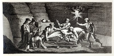Entdeckung der Knochen eines prähistorischen Tieres, Illustration aus Histoire naturelle de la Montagne Saint-Pierre de Maastricht von Barthelemy Faujas de Saint Fond (1743-1819), 1799 von French School