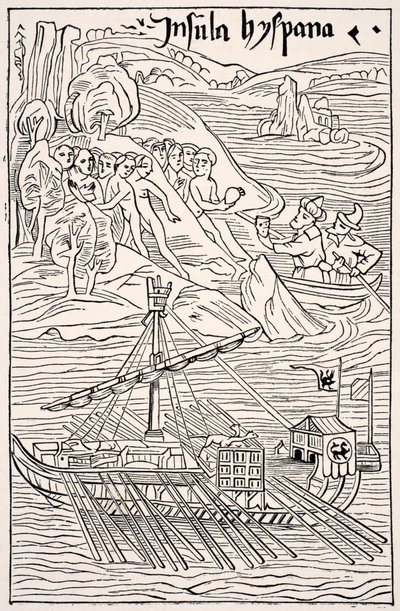 Entdeckung von Santo Domingo, Insula Hyspana, durch Christoph Kolumbus, Faksimile eines Holzschnitts der Epistola Christoferi Colom, aus Wissenschaft und Literatur im Mittelalter von Paul Lacroix, London 1878 von French School